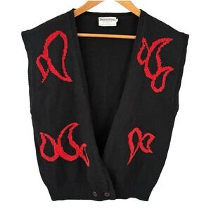 Vintage Eclectic Black Red Abstract Knit V-Neck Sweater Vest Womens L Indie Bold